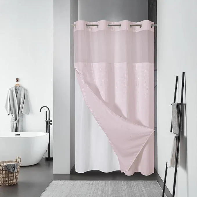 eachope BlushPink No Hook Waffle Weave Shower Curtain with snap-in Liner Replacement, 230GSM Waterproof Fabric Hotel Shower Curtain Set for Bathroom, Through Mesh Top Window,54Wx80H - ModernBath