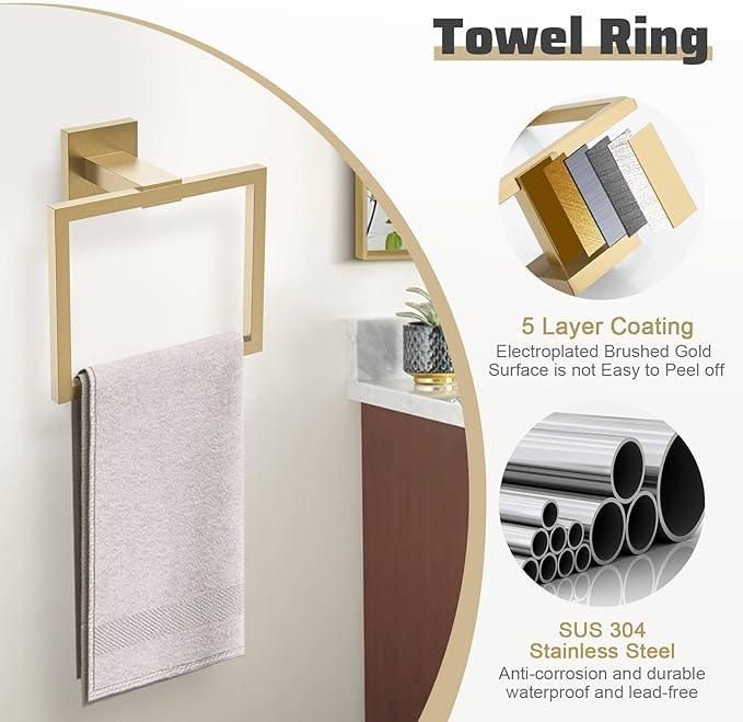 TNOMS 5-Piece Towel Bar Set Brushed Gold Bathroom Hardware Accessories Set Includes Upgraded Double Base Toilet Paper Holder,Modern Square Towel Holder Set Stainless Steel Wall Mount 23.6 Inch - ModernBath
