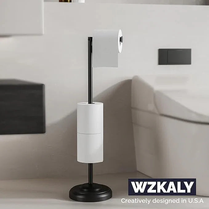 Freestanding Toilet Paper Holder Stand with Storage – Holds 4 Extra Rolls –Matte Black- Toilet Paper Holder for Bathroom – Sturdy Base, Classic Retro Style, Space-Saving Bathroom Storage - ModernBath