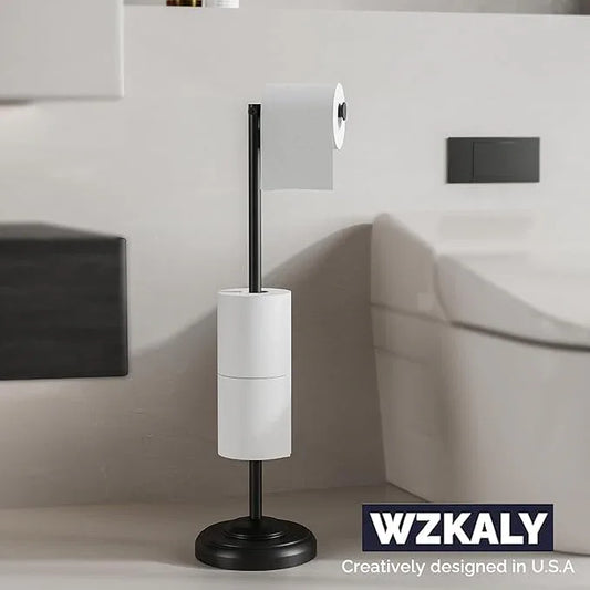 Freestanding Toilet Paper Holder Stand with Storage – Holds 4 Extra Rolls –Matte Black- Toilet Paper Holder for Bathroom – Sturdy Base, Classic Retro Style, Space-Saving Bathroom Storage - ModernBath