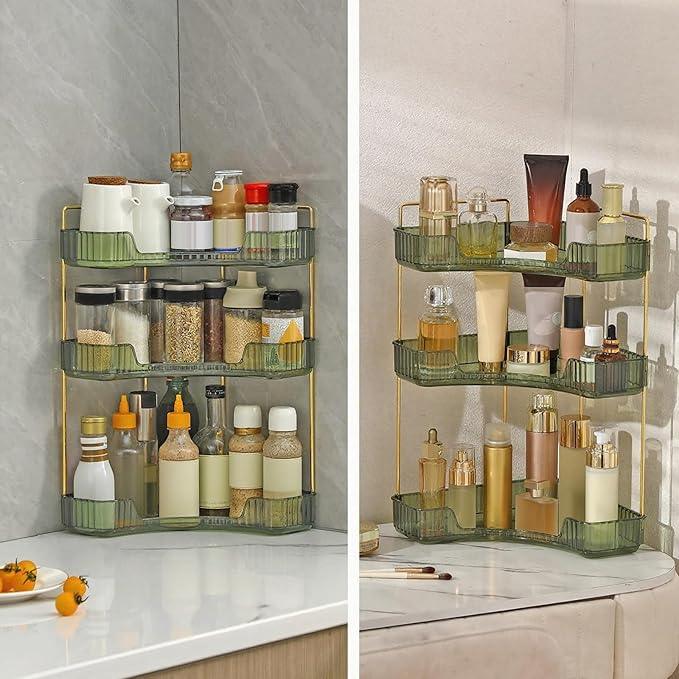 INVSSENE Corner Bathroom Countertop Organizer, Vanity Trays for Bathroom Counter, Makeup Organizer, Perfume Tray, Kitchen Spice Rack, Fits 90 Corner(Green, 3 Tiers) - ModernBath