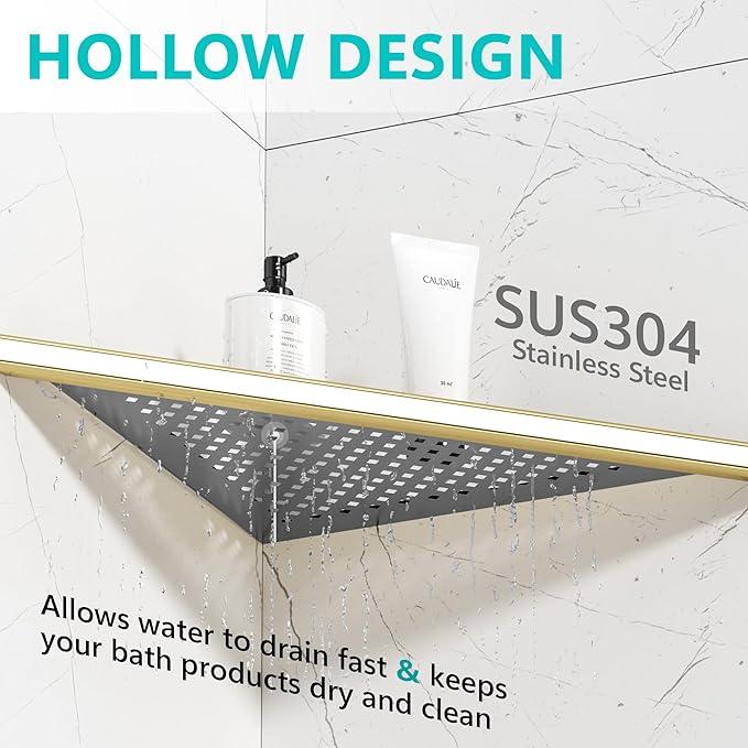 Bathroom Corner Shelf, Recessed 12" Shower Shelf Caddy, SUS304 Stainless Steel Shelf Wall Mount Triangular, No Drilling, Brushed Golden - ModernBath