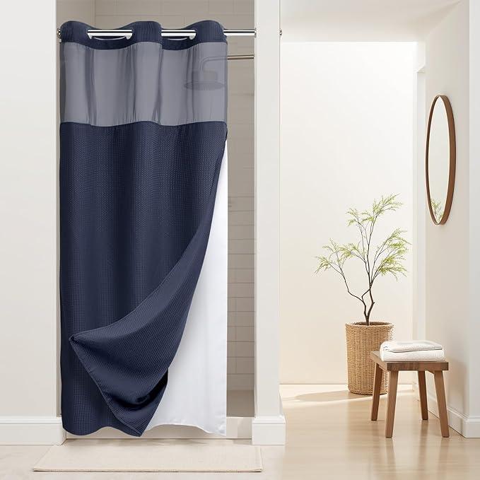 River Dream Stall Heavyweight No Hooks Required Dotted Waffle Weave Shower Curtain with Snap in Liner - 36W x 74H,Hotel Grade,Spa Like Bath Curtain,Navy - ModernBath