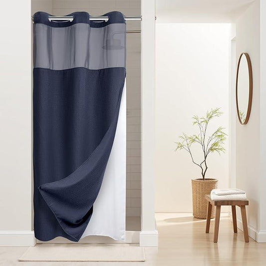 River Dream Stall Heavyweight No Hooks Required Dotted Waffle Weave Shower Curtain with Snap in Liner - 36W x 74H,Hotel Grade,Spa Like Bath Curtain,Navy - ModernBath