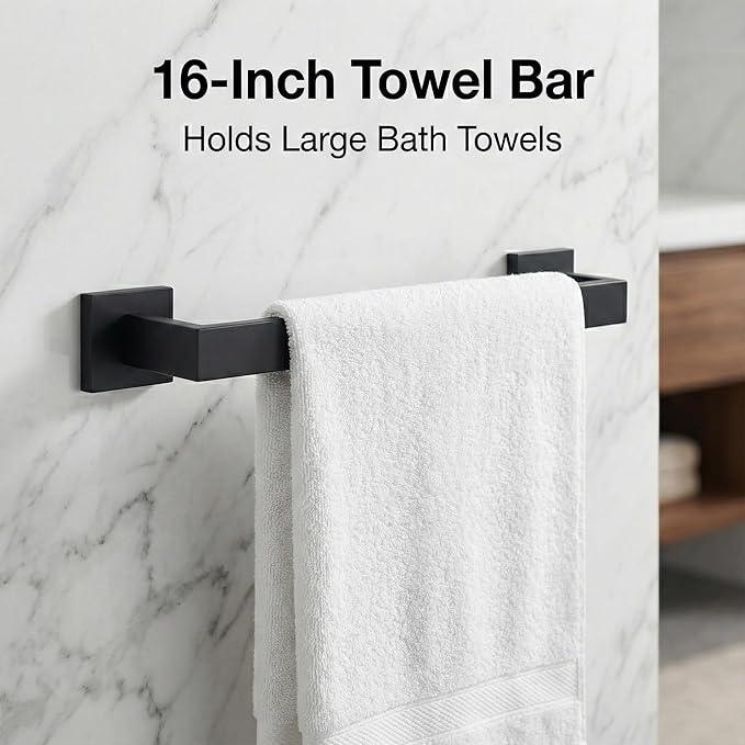 5 Piece Bathroom Hardware Set Matte Black, SUS304 Stainless Steel Towel Bar Set, Modern Square Accessories with 16 Inch Rack Toilet Paper Holder Robe Hooks (Matte Black) - ModernBath