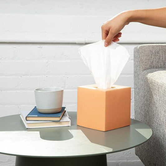 Simple Solid Ceramic Tissue Box Cover – Square Matte Finish Tissue Holder for Bathroom, Vanity, Nightstand, Office – Decorative & Discreet – Fits Standard Tissue Boxes (Rose) - ModernBath