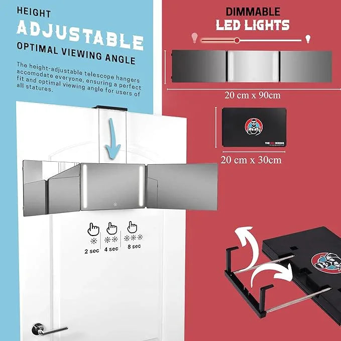 The 360 Mirror - 3 Way Mirror for Self Hair Cutting - Adjustable Trifold Barber Mirro to Cut Your Own Hair - Tri Fold Self Haircut System for Men - Three Sided Mirro for Haircuts (with LED) - ModernBath