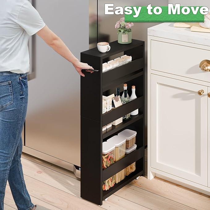 MARTY Slim Rolling Storage Cart 4-Tier Kitchen Cart with Wheels, Laundry Room Storage with Handle Slide Out Utility Cart Shelving Unit Organizer Trolley for Narrow Places Bathroom Small Corner, Black - ModernBath