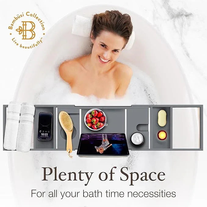 Wooden Bathtub Tray - Foldable & Expandable Bamboo Bath Tray for Tub with Wine Holder, Book & Tablet Stand - Bath Caddy Tray for Bathtub, Spa Bath Accessories, Tub Tray Table, Gift Idea for Her (Gray) - ModernBath