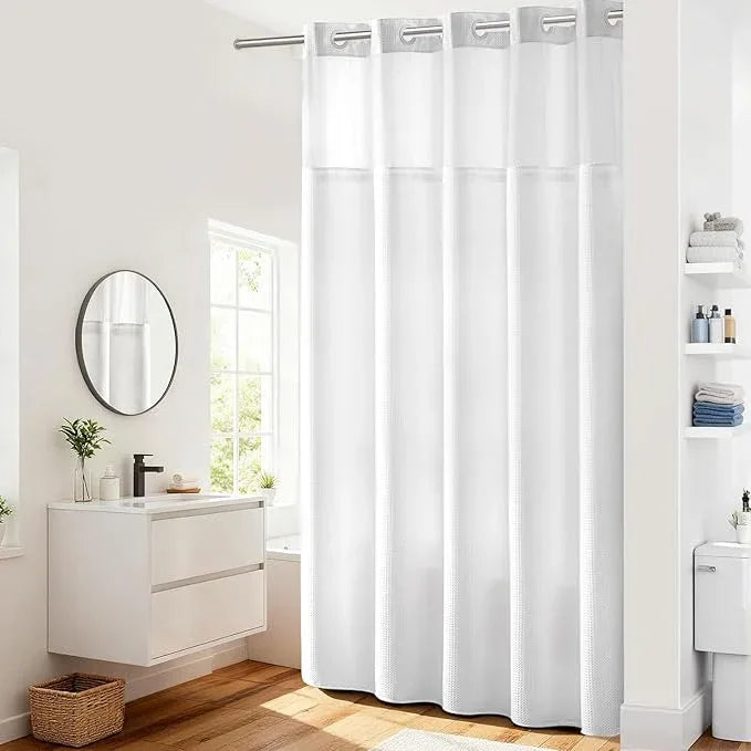 River Dream Heavyweight No Hooks Required Dotted Waffle Weave Shower Curtain with Snap in Liner - 71W x 98H,Hotel Grade,Spa Like Bath Curtain,White - ModernBath