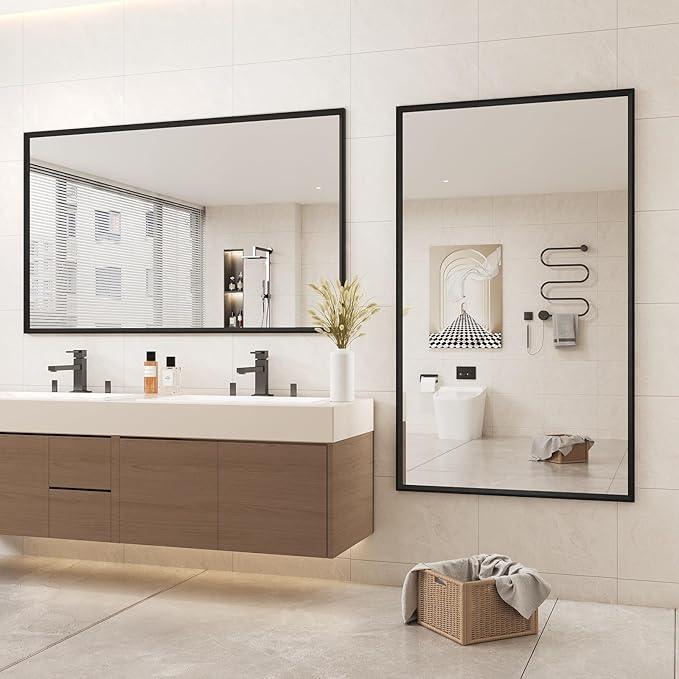 JISOSO Rectangle Bathroom Mirror 60x36 Inch, Matte Black Framed, 4MM Tempered Glass, Anti-Rust, Wall-Mount Vanity Mirror for Bathroom & Bedroom, Hangs Horizontally or Vertically - ModernBath
