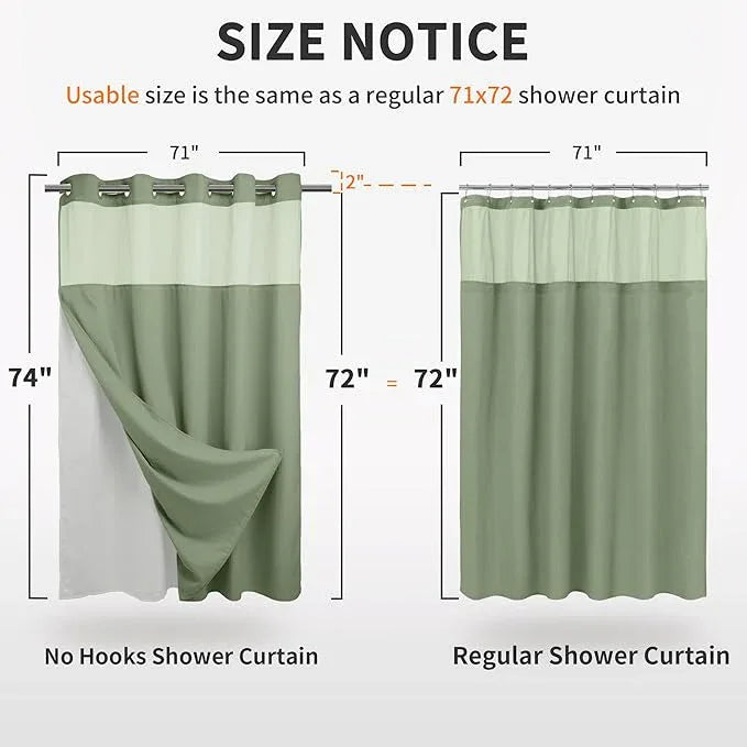 River Dream Green Heavyweight No Hooks Required Shower Curtain with Snap in Liner - Dotted Waffle Weave,Hotel Grade,Spa Like Bath Curtain,71W x 74H - ModernBath