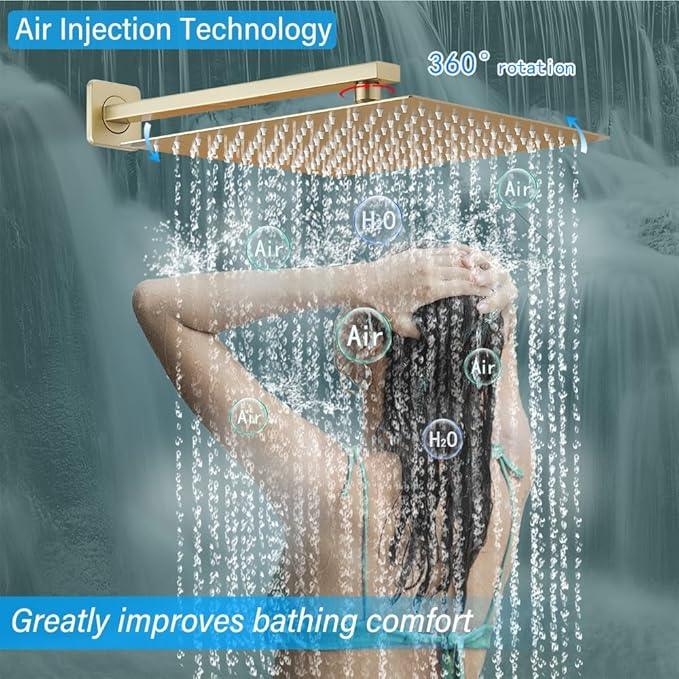 YCAIKOI Shower Faucet Set Complete, Wall Mount Shower System for Bathroom 12 Inch High-Pressure Rainfall Shower with Handheld, Rough-in Valve Body and Trim Kit, Brushed Gold - ModernBath