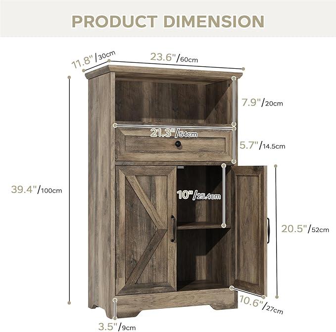 Floor Cabinet, Farmhouse Storage Cabinet with Barn Doors and Drawer, 11.81" D x 23.62" W x 39.37" H Grey Freestanding Adjustable Shelf Organizer for Bathroom, Kitchen, Living Room - ModernBath