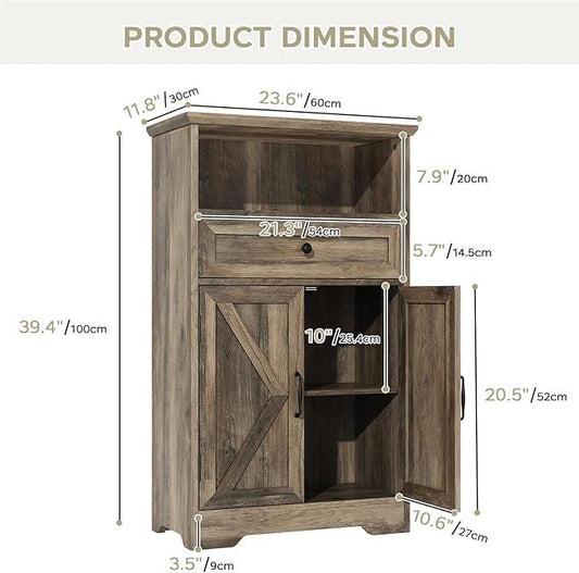 Floor Cabinet, Farmhouse Storage Cabinet with Barn Doors and Drawer, 11.81" D x 23.62" W x 39.37" H Grey Freestanding Adjustable Shelf Organizer for Bathroom, Kitchen, Living Room - ModernBath