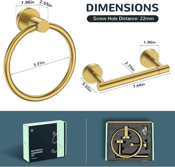 FORIOUS Toilet Paper Holder Wall Mount, SUS304 Stainless Steel Double Post Pivoting Tissue Roll Holder and Hand Towel Ring Set for Bathroom, RV, Bathroom Hardware Accessories Set, Brushed Gold - ModernBath