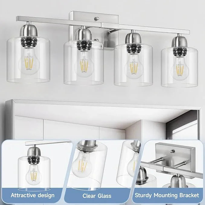 FAISHILAN Modern Brushed Nickel 4 Light Bathroom Light Fixtures, 24 inch Vanity Lights for Bathroom with Clear Glass, Vanity Lights for Mirror Kitchen Living Room Hallway Cabinet Porch - ModernBath