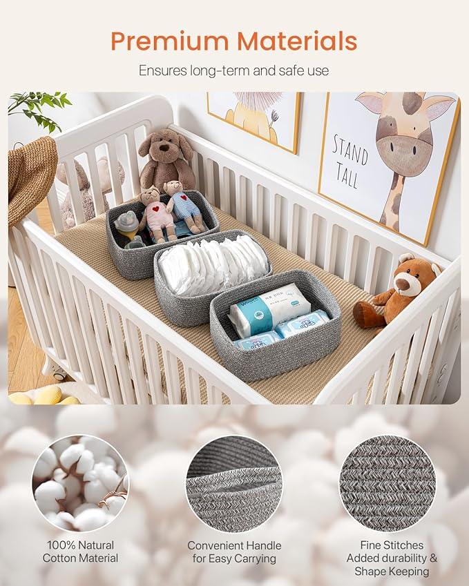 Small Woven Basket, 13.5 x 9.5 x 5 Inches, Storage Basket for Organizing, Cute Small Rope Shelf Closet Cube Storage Bins Baskets for Shelves, Dog Toy Gift Baskets Empty, 3 Packs, Mixed Grey - ModernBath
