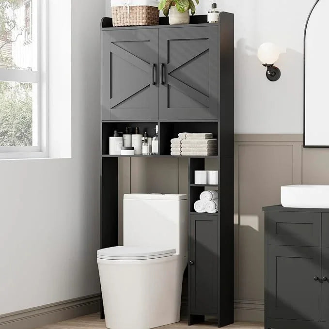 Homhedy Over The Toilet Storage Cabinet with 2 Barn Door and Toilet Paper Holder Stand, FreeStanding Toilet Shelf Space Saver, for Bathroom, Restroom, Laundry, Black - ModernBath