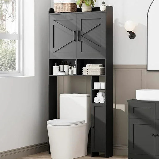 Homhedy Over The Toilet Storage Cabinet with 2 Barn Door and Toilet Paper Holder Stand, FreeStanding Toilet Shelf Space Saver, for Bathroom, Restroom, Laundry, Black - ModernBath