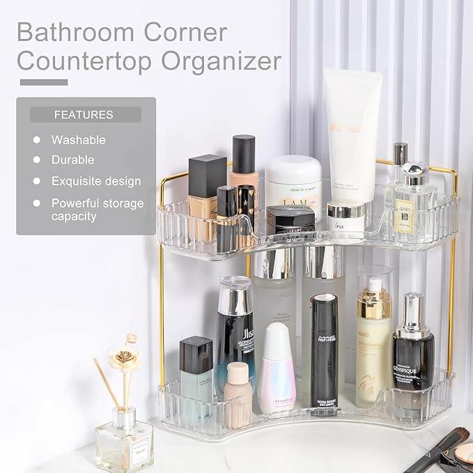 INVSSENE Corner Bathroom Countertop Organizer, Vanity Trays for Counter, Makeup Organizers, Perfume Tray, Kitchen Spice Rack, (Clear, 2 Tiers) - ModernBath