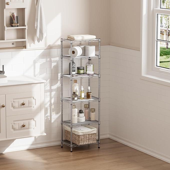 SINGAYE 6 Tier Shelf Wire Shelving Adjustable Storage Shelves Rack Standing Units for Kitchen Closet Laundry Bathroom Organizers Metal Pantry Narrow Mesh Gaps 10" D x 16" W x 60" H Gray - ModernBath