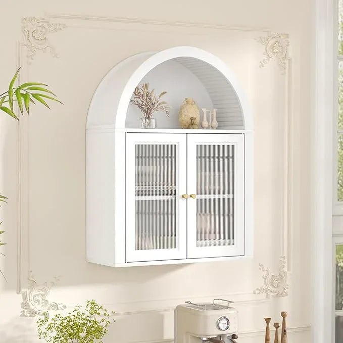 Arched Bathroom Cabinet, Wall Mounted Bathroom Cabinet with Tempered Glass Doors and Adjustable Shelf, for Kitchen, Living Room, Laundry Room, Restroom, White - ModernBath