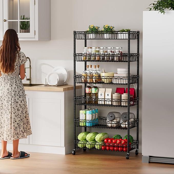 6 Shelves Storage Shelf Wire Closet Bathroom Organizers Metal Pantry Kitchen Garage Shelving Unit Laundry Room Organization Home Rack Net Basket Black with Wheels 30" Dx14 Wx65 H - ModernBath