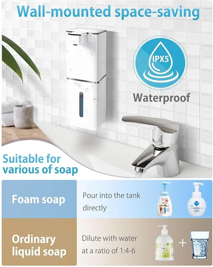 JEMISUN Automatic Foaming Soap Dispenser Touchless 380ml/12.8oz Rechargeable Hand Soap Dispenser Wall Mounted 4 Levels Adjustable Foam Soap Pump for Bathroom Kitchen Dish Soap - ModernBath