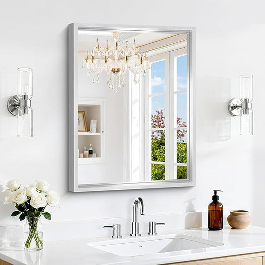 CIVENO 18x24 Silver Bathroom Mirror, Brushed Silver Rectangular Mirror for Wall, 0.6" Thickened Deep Frame Mirrors for Bathroom Sink, Shatterproof Tempered Glass, Antirust, Horizontally or Vertically