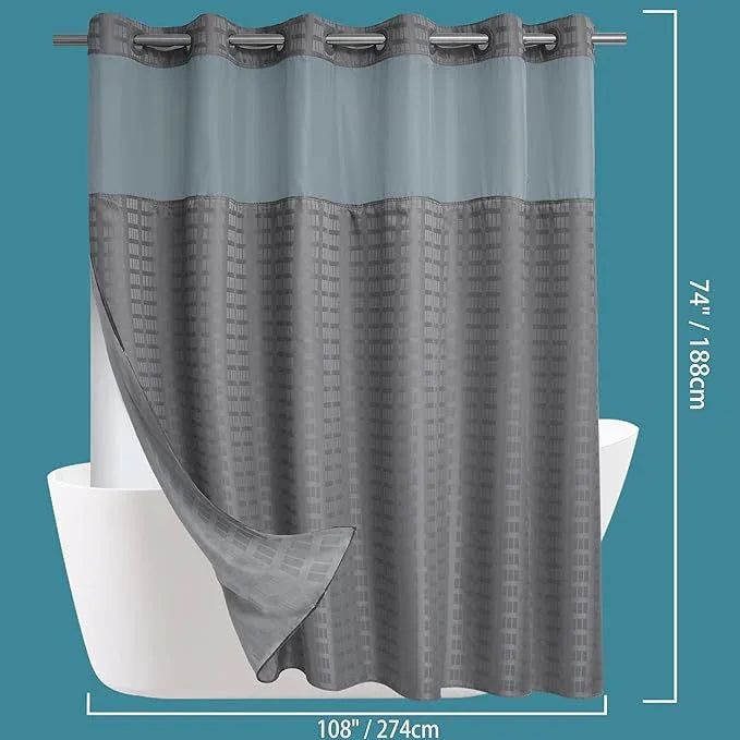 Conbo Mio Extra Wide No Hook Shower Curtain with Snap in Liner Set, 108" x 74" Hotel Luxury Grey Shower Curtains for Bathroom with See Through Top Window, Waterproof, Washable 108W x 74H - ModernBath