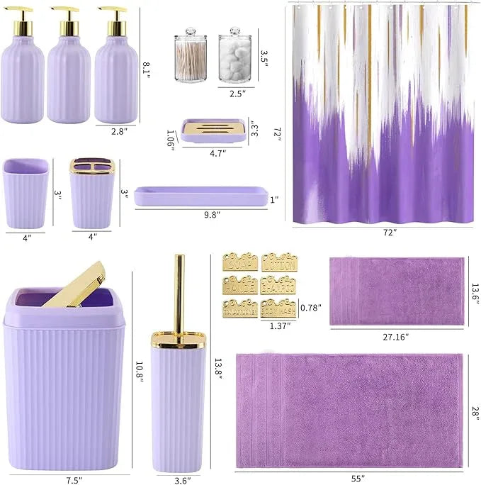 WSBArt 20PC Bathroom Accessory Set Bathroom Accessories Set Purple Bathroom Set, Shower Curtain Set, 2 Piece Bath Towel Set, 3PC Soap Dispenser, Toilet Brush & Trash Can - ModernBath