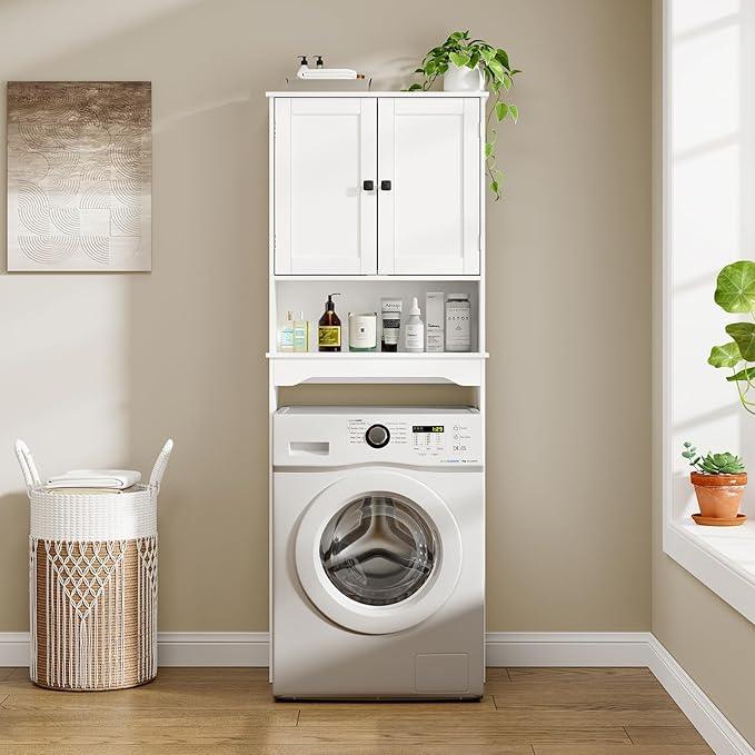 RRX Over The Toilet Storage Cabinet,Bathroom Above Toilet Cabinets Organizer, 24.8" L x 9.1 "W x 65.7 "H Free Standing Toilet Rack with Adjustable Shelf and Open Storage,Double Doors(Pure White) - ModernBath