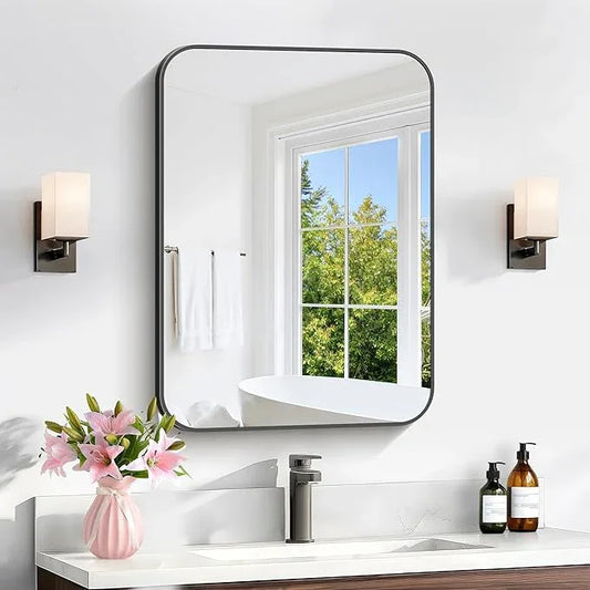 CIVENO Bathroom Mirror, 18 x 24 inch Metal Framed Black Rectangle Mirror, Rounded Corner Rectangular Vanity Mirror, Wall Mounted Mirror for Modern Bedroom Living Room Hangs Horizontal or Vertical - ModernBath