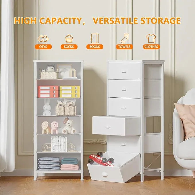 Furnulem White Tall Dresser for Bedroom,Vertical Storage Tower Unit and End Table with 6 Fabric Drawers, Nightstand Furniture with Drawer Organizer in Living Room,Closet,Entryway,Hallyway - ModernBath