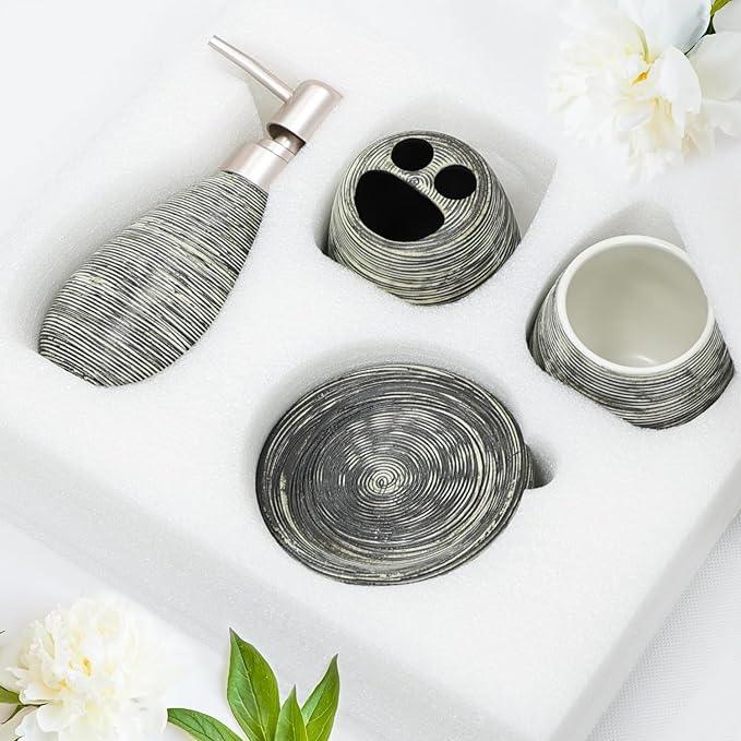 CERBIOR Bathroom Accessories Set,4 Pcs Ceramic Bathroom Decor Accessory,Includes Toothbrush Holder, Toothbrush Cup, Soap Dish for Decorative Countertop and Housewarming Gift(Grey 4pcs) - ModernBath