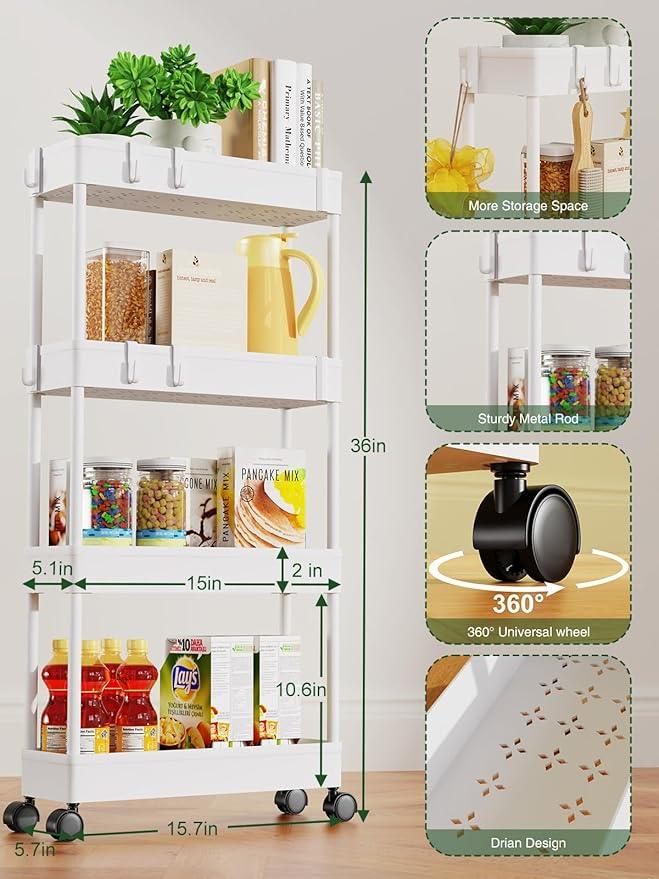 LEHOM 5.1" Slim Storage Cart - 4 Tiers Bathroom Organizer Mobile Shelving Unit Storage Rolling Utility Cart Slide Out Organizer for Kitchen Bathroom Laundry Narrow Places, White - ModernBath