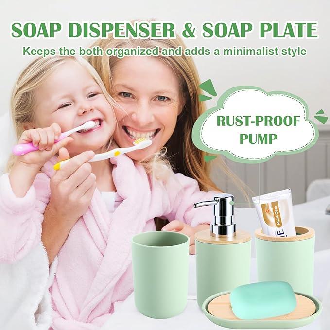 iMucci 9Pcs Pastel Green Bathroom Accessories Set - with Trash Can,Toilet Brush,Toothbrush Holder, Lotion Soap Dispenser, Soap Dish,Toothbrush Cup,Qtip Holder (Bamboo Cover) - ModernBath