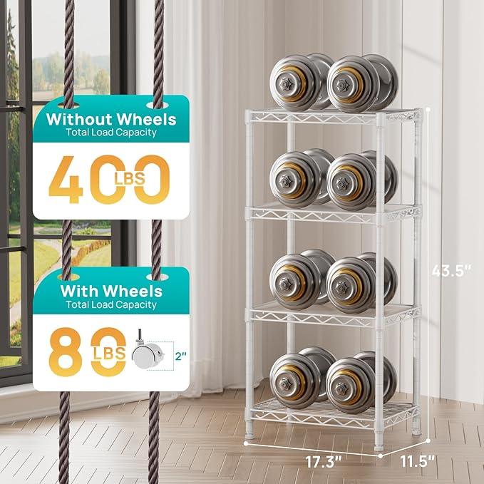 SINGAYE 4 Small Shelves Storage Shelf Wire Shelving Unit Metal Shelf Adjustable Organizers Storage Shelving with Wheels for Bathroom Laundry Room Kitchen Pantry11.5”D x 17.3”W x 44.5”H White - ModernBath