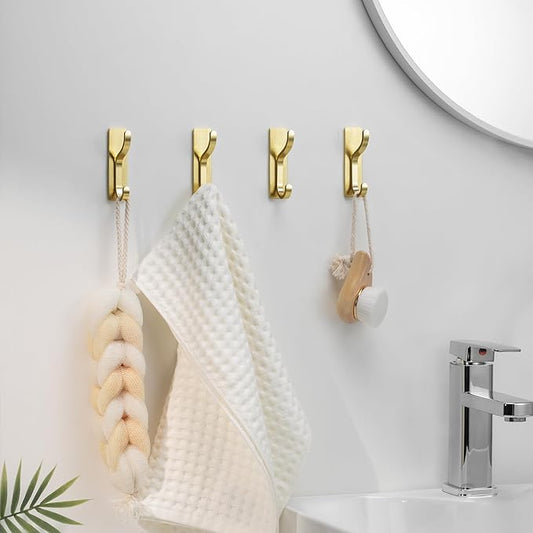 pickpiff Adhesive Wall Coat Hooks - Heavy Duty Stick-On Door Hanger, Metal Hook for Hanging Towel,Purse, Robe, Backpack, Jacket, Clothes - for Bathroom,Dorm, Closet, Kitchen - Gold, 10 Pack