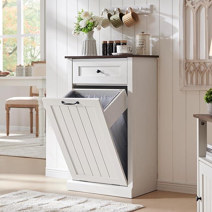 Tilt Out Laundry Hamper Cabinet, 10 Gallon Farmhouse Trash Can Cabinet with Drawer, Hidden Wood Garbage Can Bin Cabinet with Laundry Storage Basket for Bathroom, Kitchen, Antique White - ModernBath