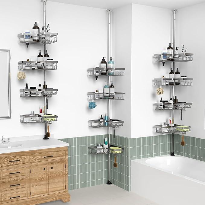 KEGII Corner Shower Caddy Tension Pole with Soap Dish & Razor Holder, Adjustable Bathroom Organizer with Hooks, 25-114.2 Inch Rustproof Storage Shelf for Renters & Apartments, Gunmetal Gray - ModernBath