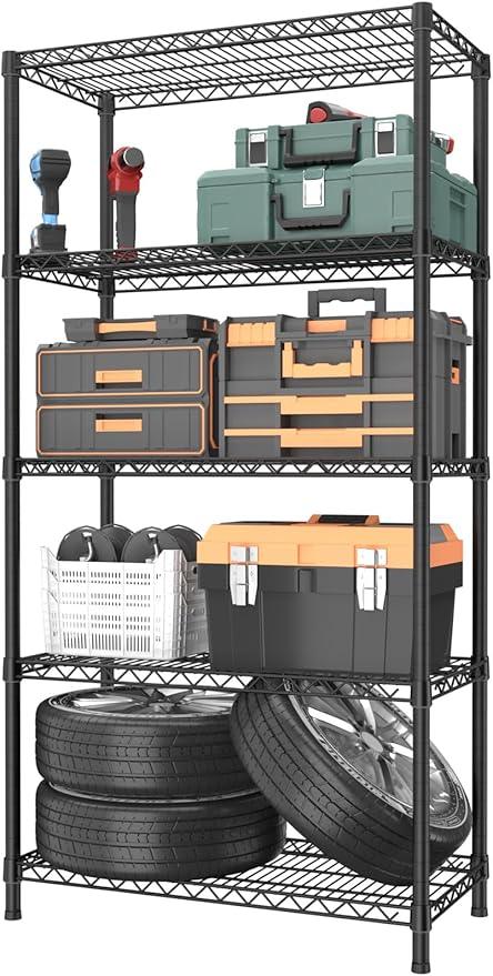 5 Tier Heavy Duty Adjustable Storage Shelf Organizer Storage Metal Shelves Garage Wire Shelving Unit Pantry Rack 18" D x 36" W x 71.25" H,Black - ModernBath
