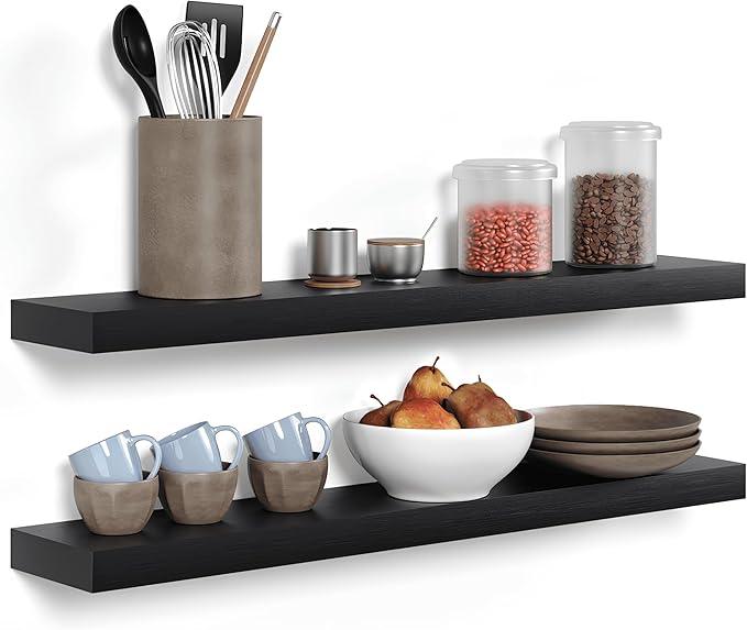 Homeforia Black Floating Shelves 36 inches Long, High End Solid Real Wood 36 inch Floating Shelf for Wall Mounted, Black Wooden 36in Floating Shelves, Heavy Duty Bracket, 36 X 6.5 X 1.75 in, Set of 3 - ModernBath