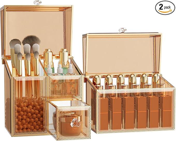 CoralHouse Makeup Organizer Countertop Set – Vanity Holder with 18-Slot Lipstick Organizer & Covered Makeup Brush Holder – Skincare, Perfume & Cosmetic Display for Bathroom or Dresser - ModernBath