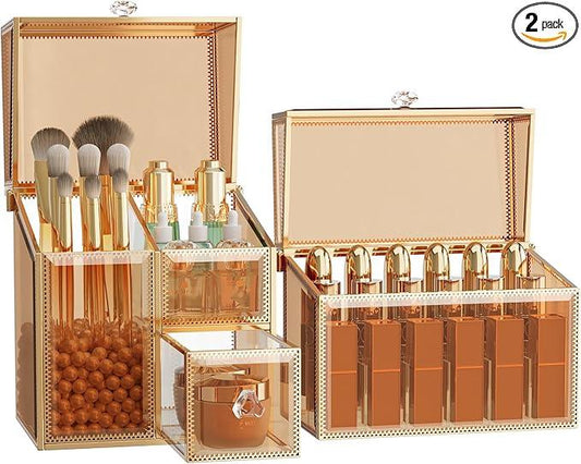CoralHouse Makeup Organizer Countertop Set – Vanity Holder with 18-Slot Lipstick Organizer & Covered Makeup Brush Holder – Skincare, Perfume & Cosmetic Display for Bathroom or Dresser - ModernBath