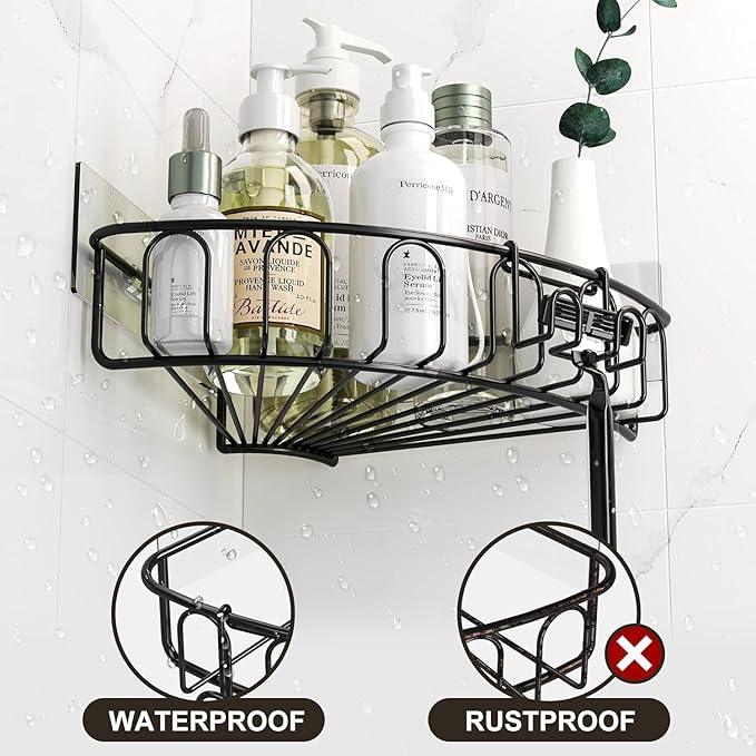 Orimade Corner Shower Caddy with 2 Hooks Wall Mounted Metal Bathroom Shelf Storage Organizer Adhesive No Drilling 2 Pack, Black Only for 90-Degree Corner - ModernBath