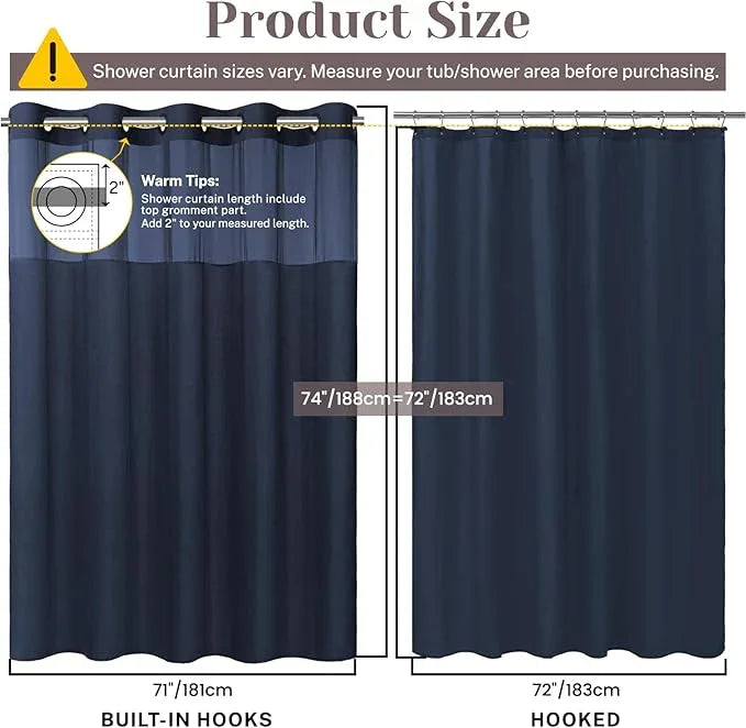 SORTTO No Hook Slub Textured Shower Curtain with Snap in Liner - Navy Fabric Outer Curtain & Waterproof Inner Liner, Hotel Style with See Through Top Window, 71x74 in - ModernBath