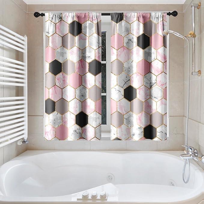 Culudea Geometric Gold Pink Shower Curtain Set, Gray Marble Vintage Bathroom Window Waterproof Shower Curtain Set for Bathroom Decor - ModernBath