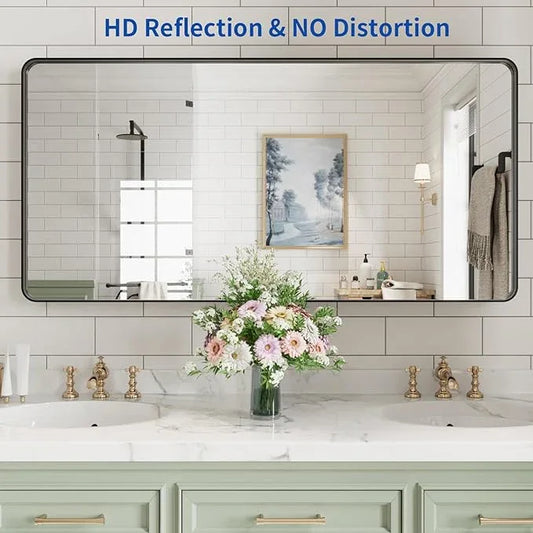 WEER Black Bathroom Mirror for Wall, 48X24 Inch Matte Black Mirror, Rectangular Black Metal Framed Vanity Mirror with Tempered Glass, Rounded Corner, Anti-Rust (Horizontal/Vertical) - ModernBath